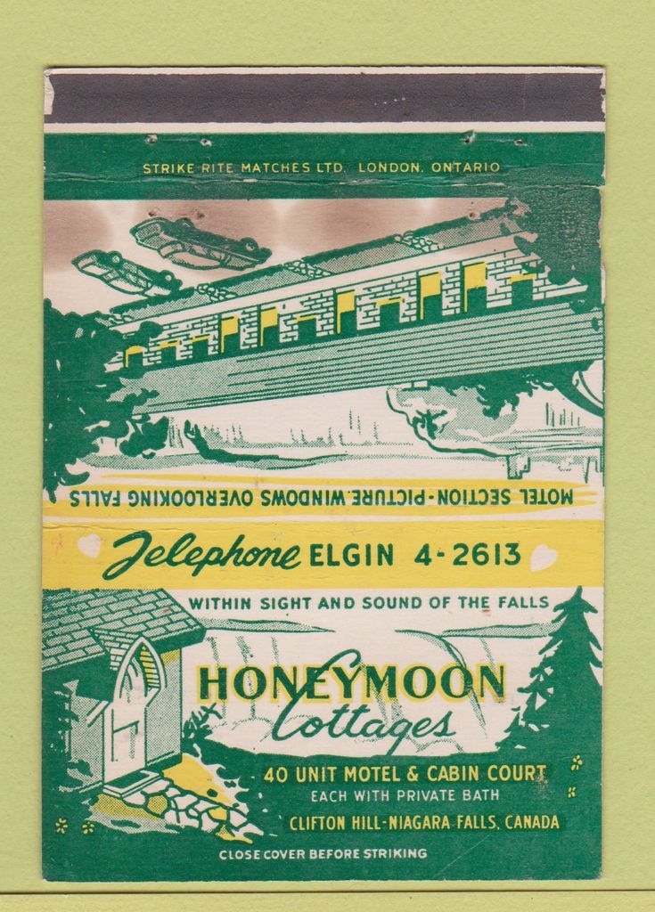 Matchbook Cover Honeymoon Cottages Motel Niagara Falls On 40