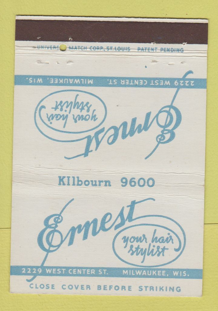 Matchbook Cover Ernest Hair Salon Milwaukee Wi 40 Strike Ebay