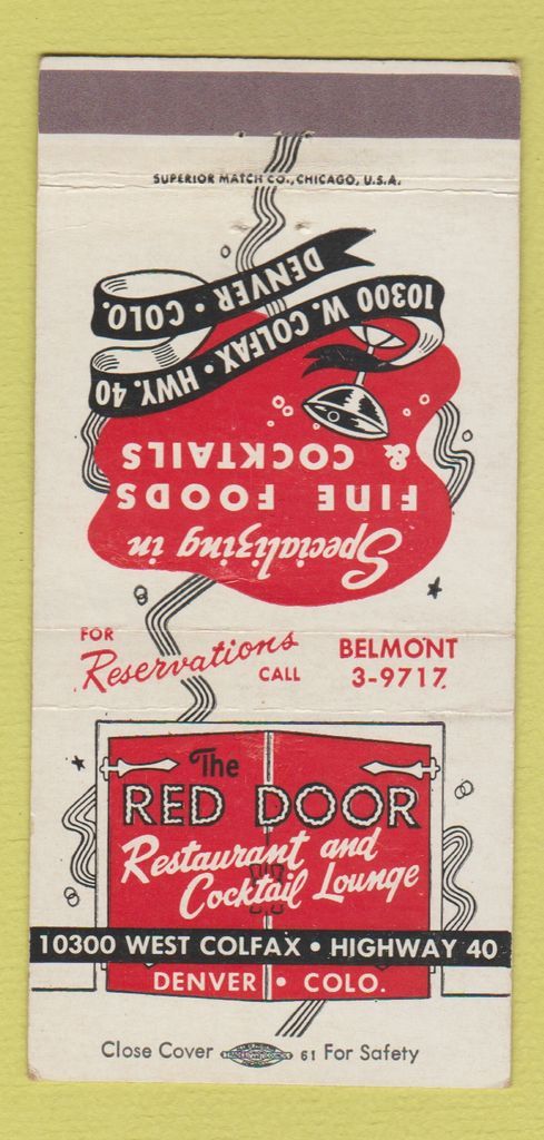 Details About Matchbook Cover Red Door Restaurant Denver Colorado Colfax 30 Strike